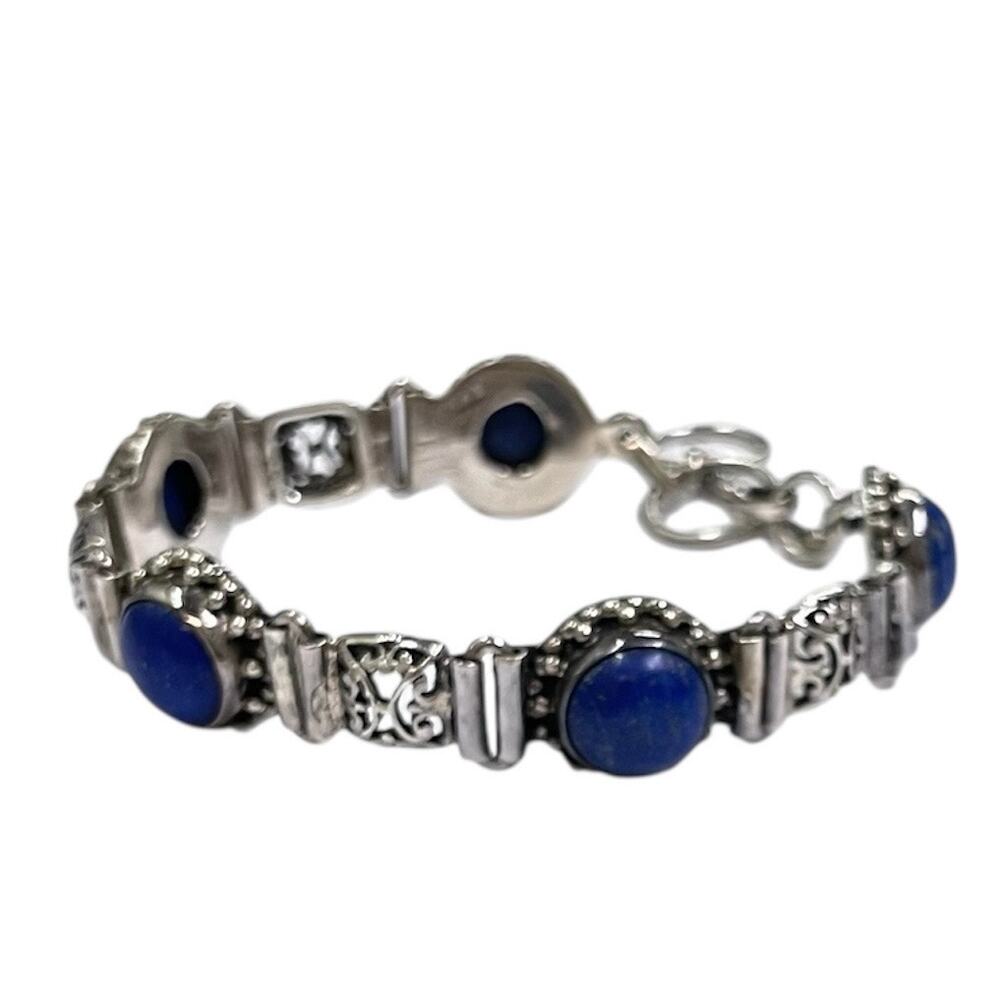 Lapis Lazuli and Sterling Silver 925 Beading Filigree Adjustable Toggle Bracelet